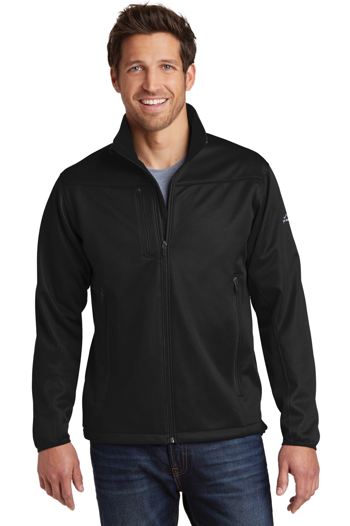 Front View of Black Eddie Bauer Weather-Resist Soft Shell Jacket. EB538 plain