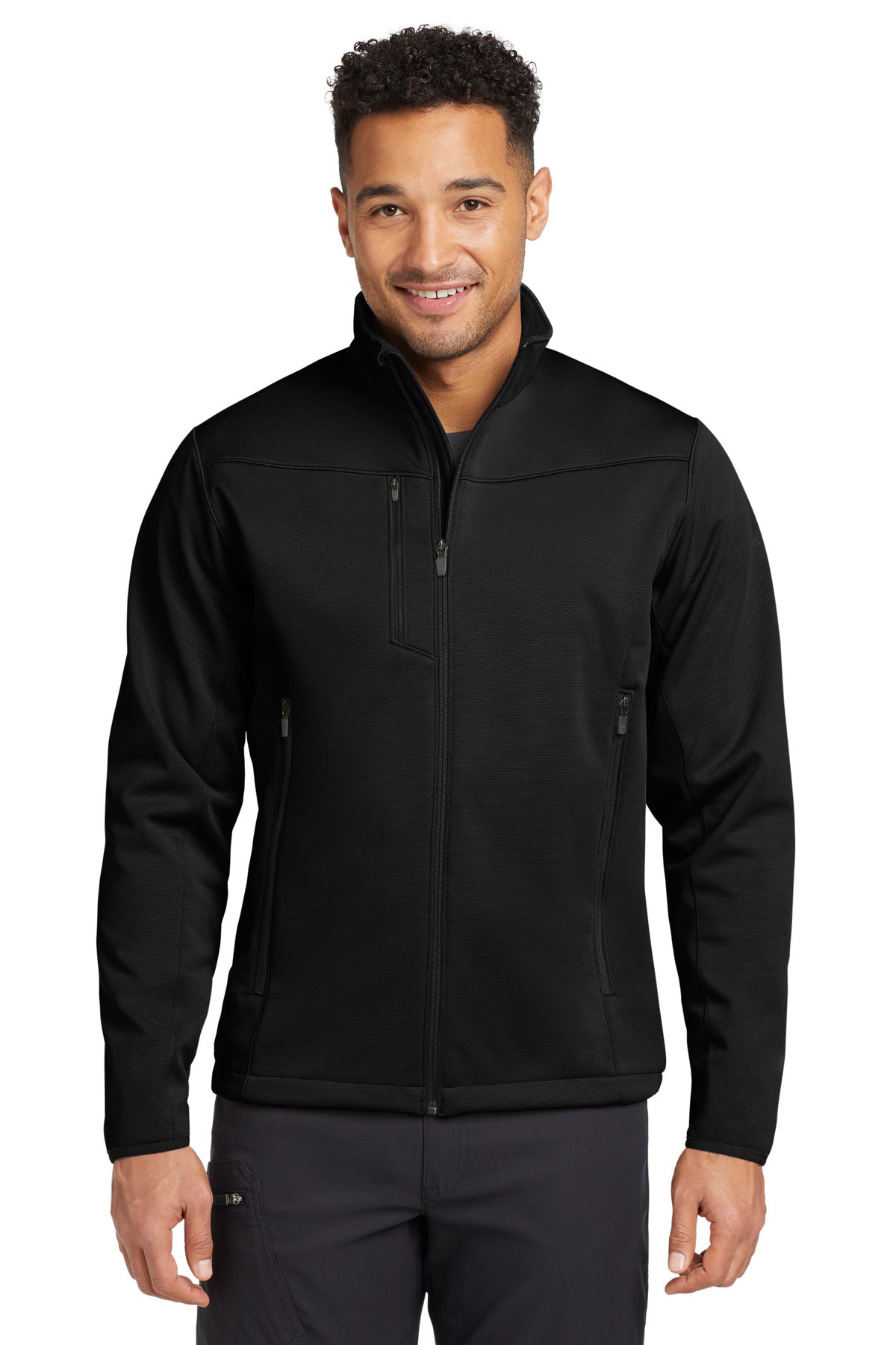 Front View of Black Eddie Bauer Weather-Resist Soft Shell Jacket. EB538 plain