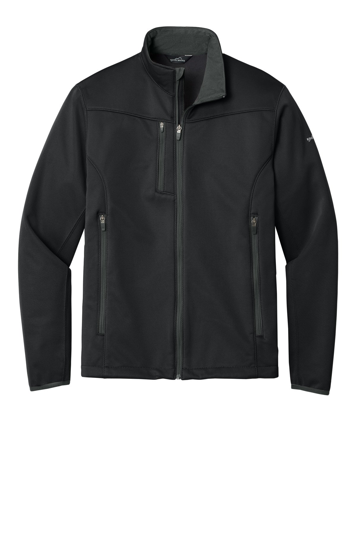 Front View of Black Eddie Bauer Weather-Resist Soft Shell Jacket. EB538 plain