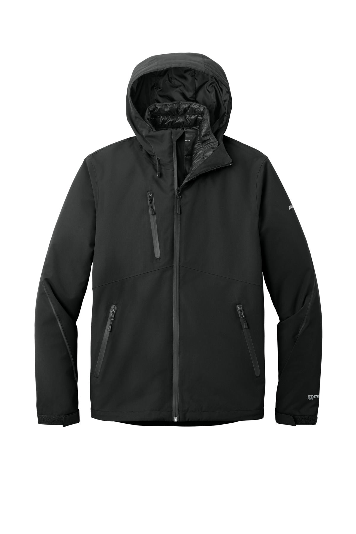 Front View of Black Eddie Bauer WeatherEdge Plus 3-in-1 Jacket. EB556 plain