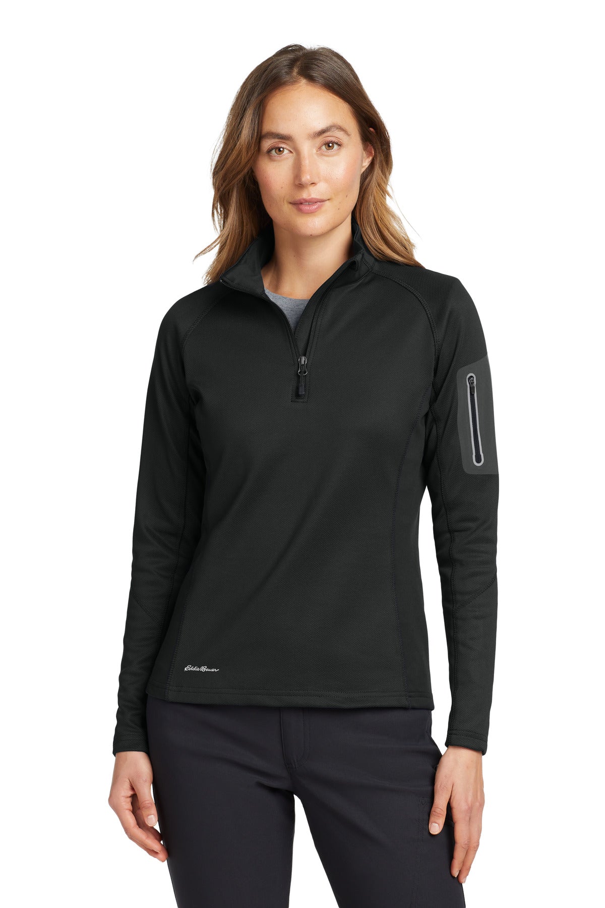 Front View of Black Eddie Bauer Women's 1/2-Zip Performance Fleece. EB235 plain