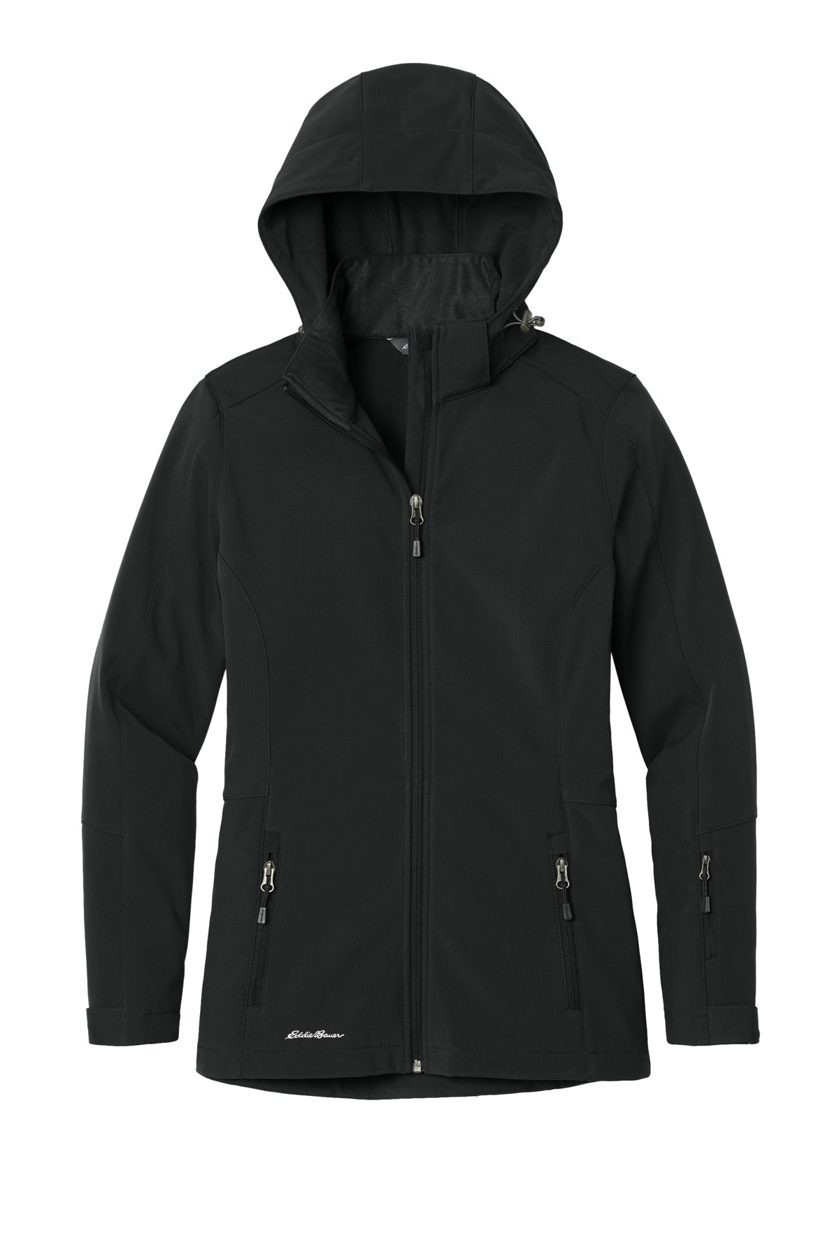 Front View of Black Eddie Bauer Women's Hooded Soft Shell Parka. EB537 plain