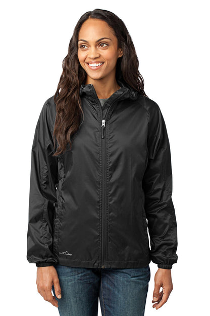 Front View of Black Eddie Bauer Women's Packable Wind Jacket. EB501 plain