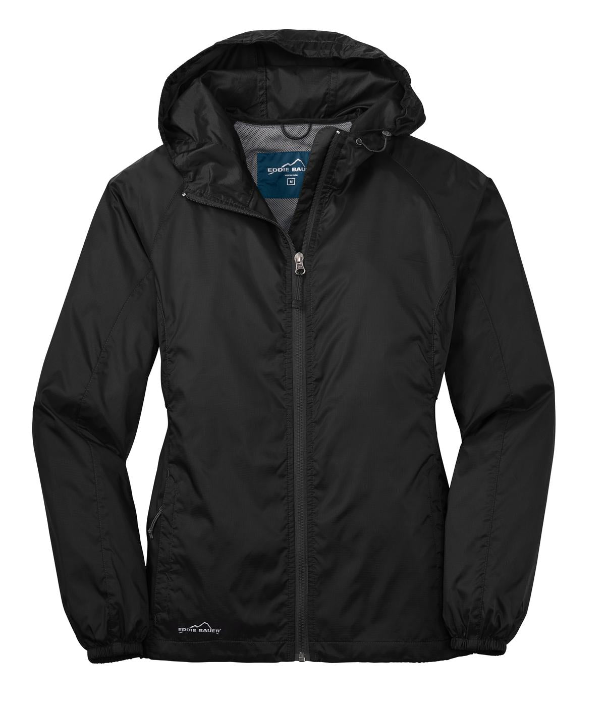 Front View of Black Eddie Bauer Women's Packable Wind Jacket. EB501 plain