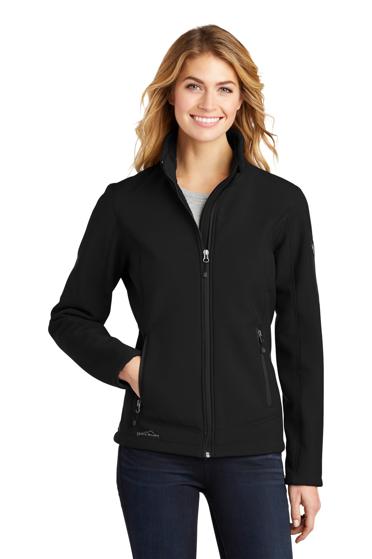 Front View of Black Eddie Bauer Women's Rugged Ripstop Soft Shell Jacket. EB535 plain