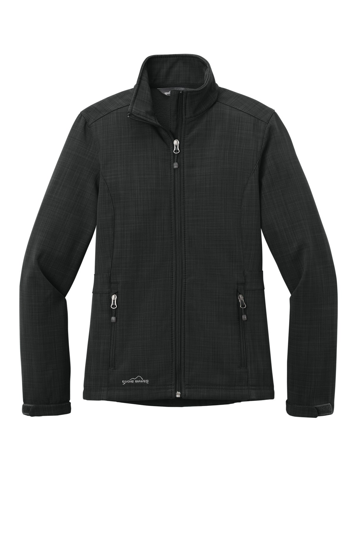 Front View of Black Eddie Bauer Women's Shaded Crosshatch Soft Shell Jacket. EB533 plain