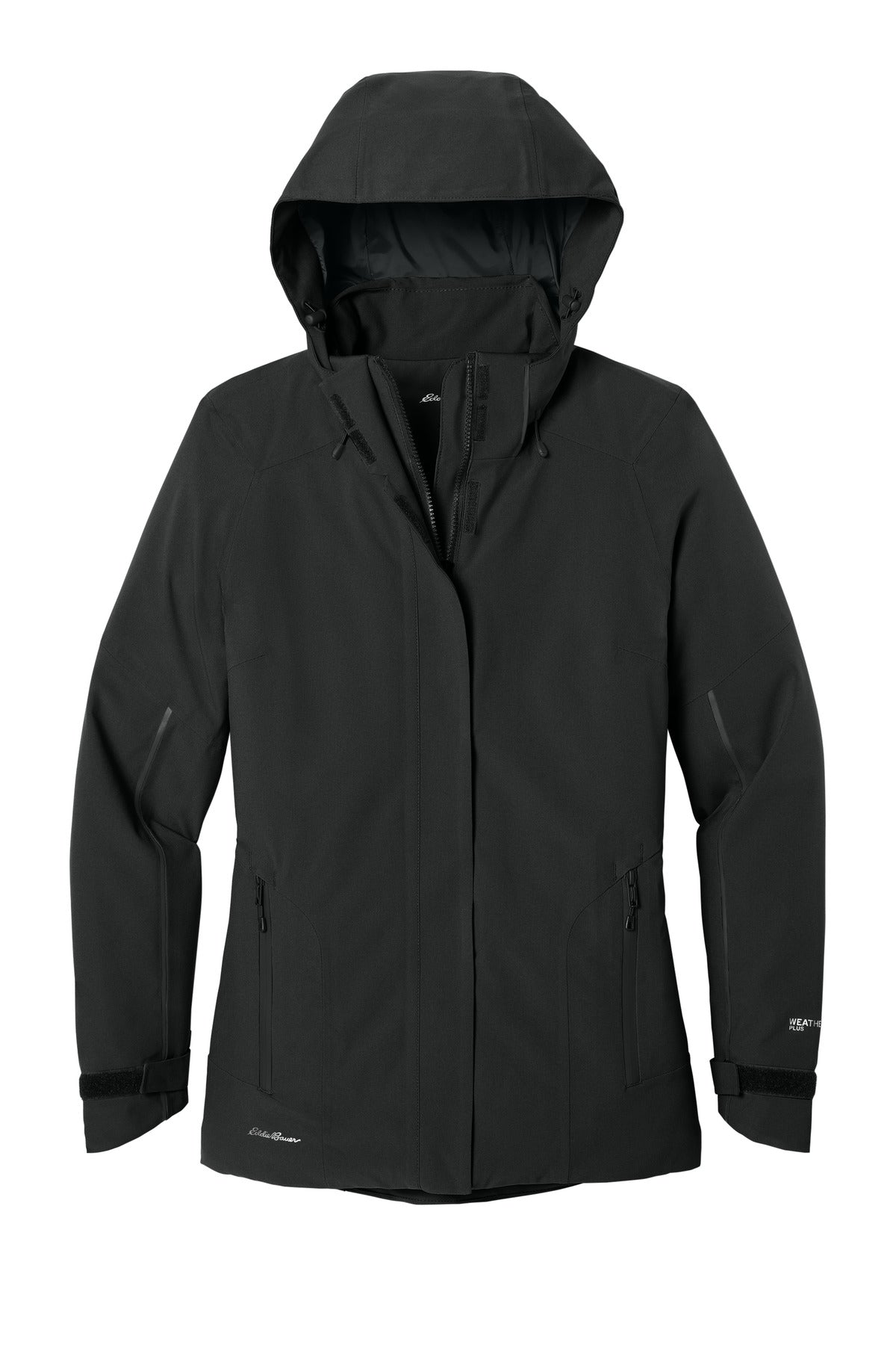 Front View of Black Eddie Bauer Women's WeatherEdge Plus Insulated Jacket. EB555 plain