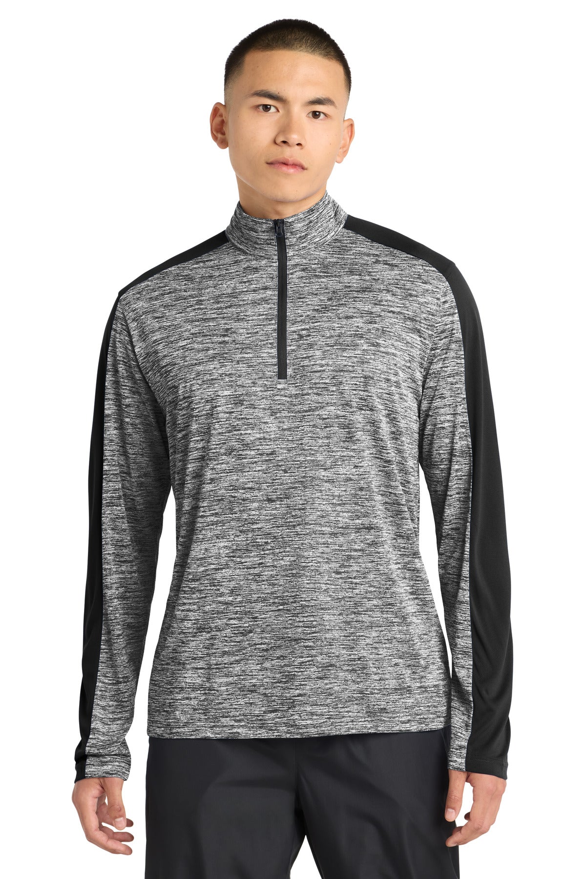 Front View of Black El/Black Sport-Tek PosiCharge Electric Heather Colorblock 1/4-Zip Pullover. ST397 plain