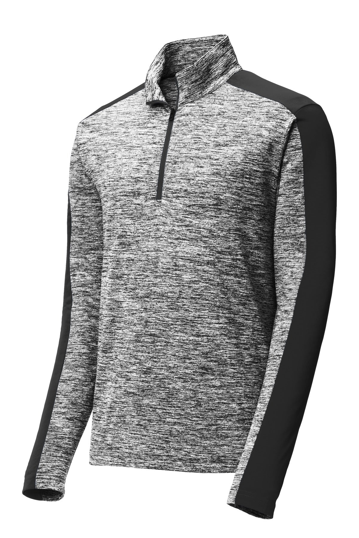 Front View of Black El/Black Sport-Tek PosiCharge Electric Heather Colorblock 1/4-Zip Pullover. ST397 plain