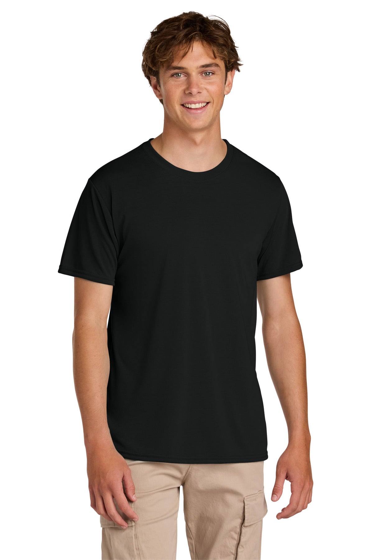 Front View of Black Gildan Gildan Performance T-Shirt. 42000 plain