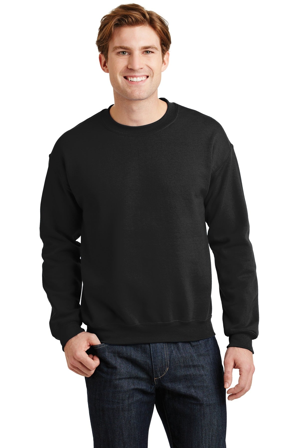 Front View of Black Gildan Heavy Blend Crewneck Sweatshirt. 18000 plain