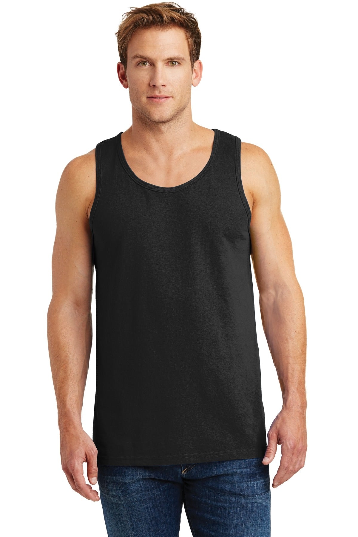 Front View of Black Gildan Heavy Cotton Tank Top. G5200 plain