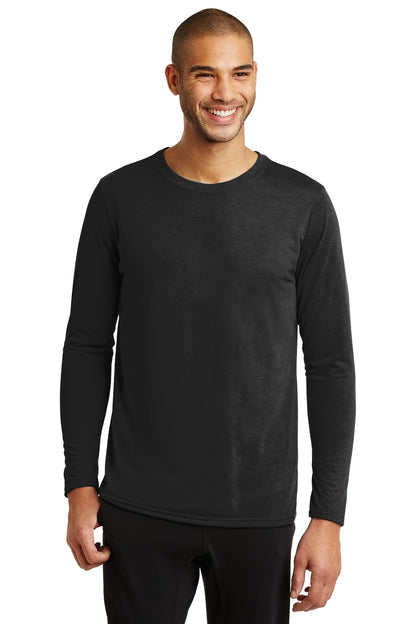 Front View of Black Gildan Performance Long Sleeve T-Shirt. 42400 plain