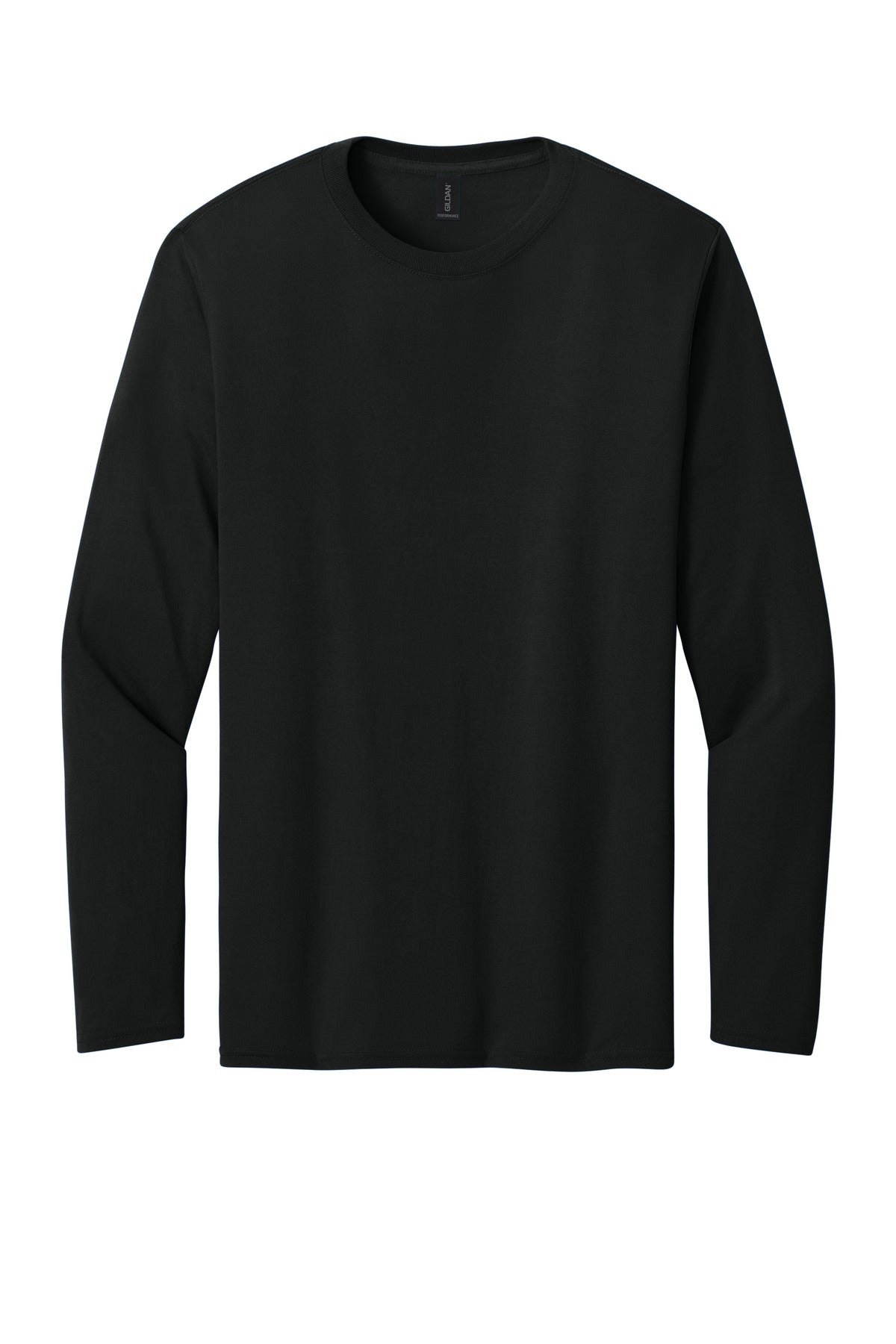 Front View of Black Gildan Performance Long Sleeve T-Shirt. 42400 plain