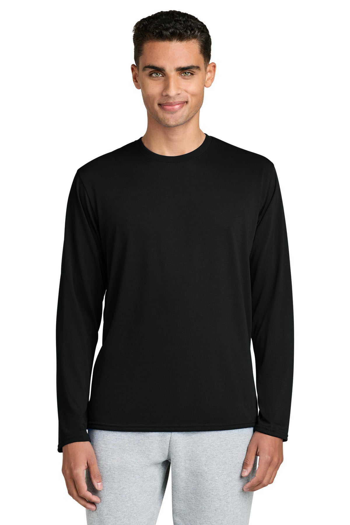 Front View of Black Gildan Performance Long Sleeve T-Shirt. 42400 plain