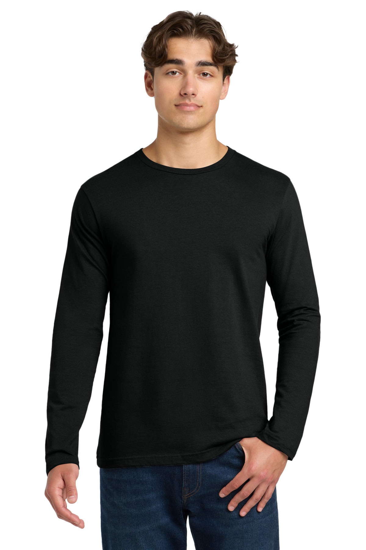 Front View of Black Gildan Softstyle Long Sleeve T-Shirt. 64400 plain