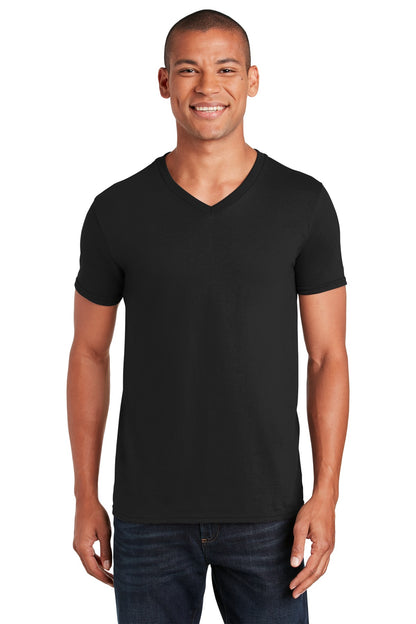 Front View of Black Gildan Softstyle V-Neck T-Shirt. 64V00 plain