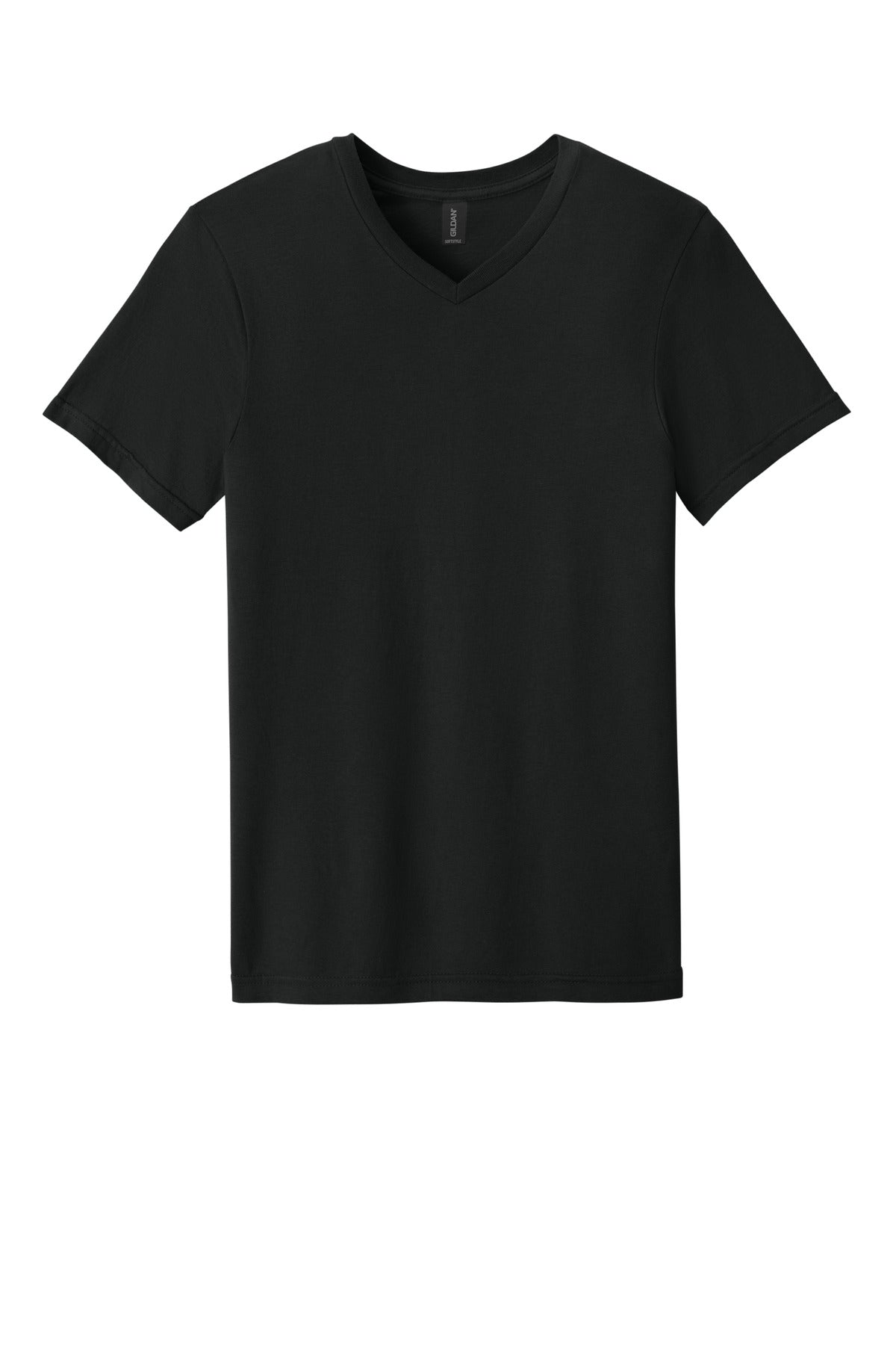 Front View of Black Gildan Softstyle V-Neck T-Shirt. 64V00 plain