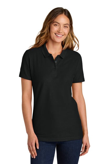 Front View of Black Gildan Softstyle Women's Pique Polo 64800L plain