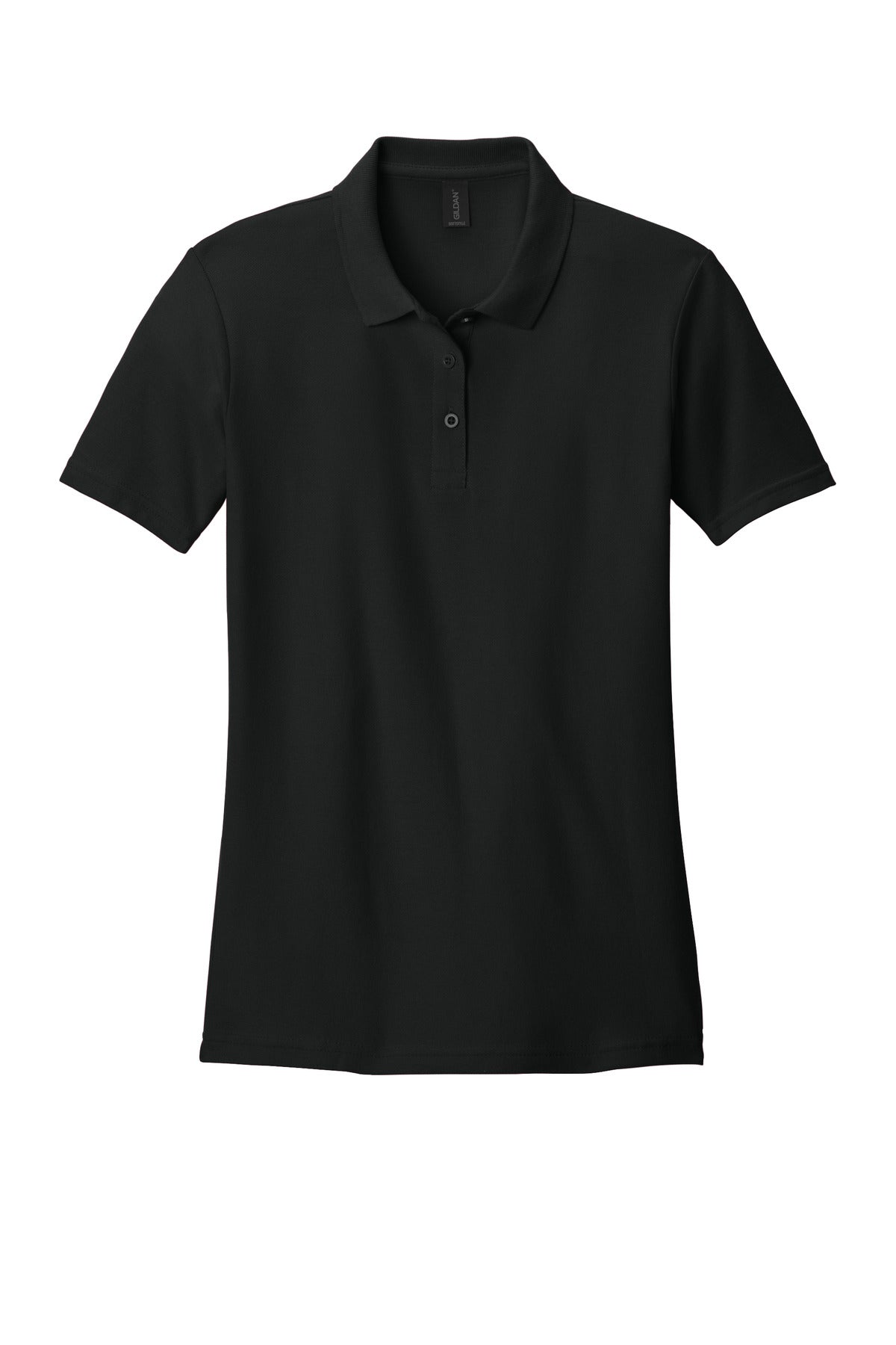 Front View of Black Gildan Softstyle Women's Pique Polo 64800L plain