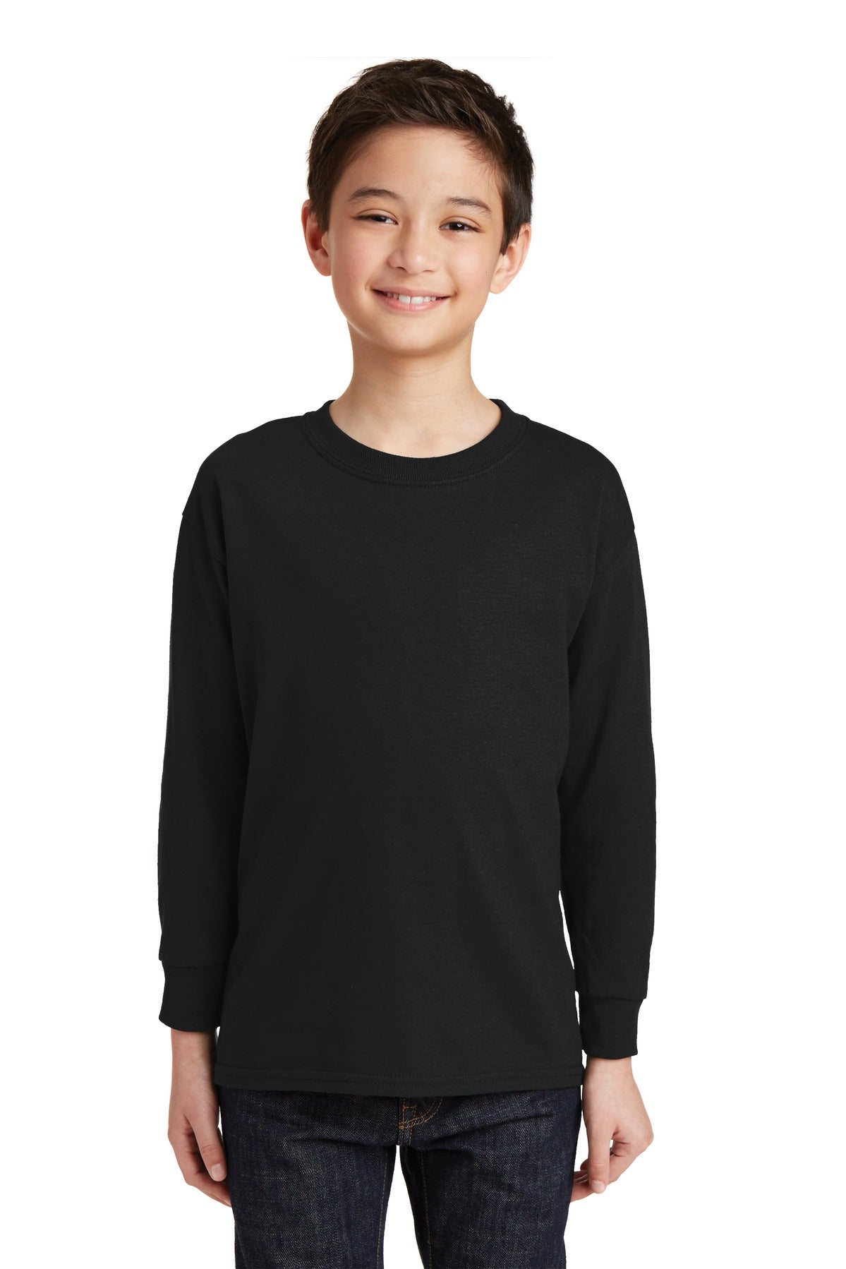 Front View of Black Gildan Youth Heavy Cotton 100% Cotton Long Sleeve T-Shirt. 5400B plain