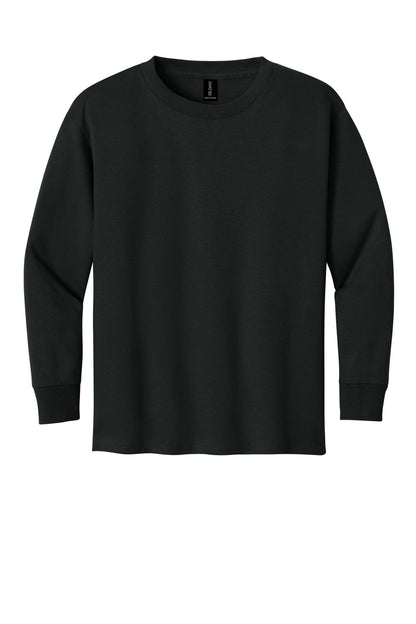 Front View of Black Gildan Youth Heavy Cotton 100% Cotton Long Sleeve T-Shirt. 5400B plain