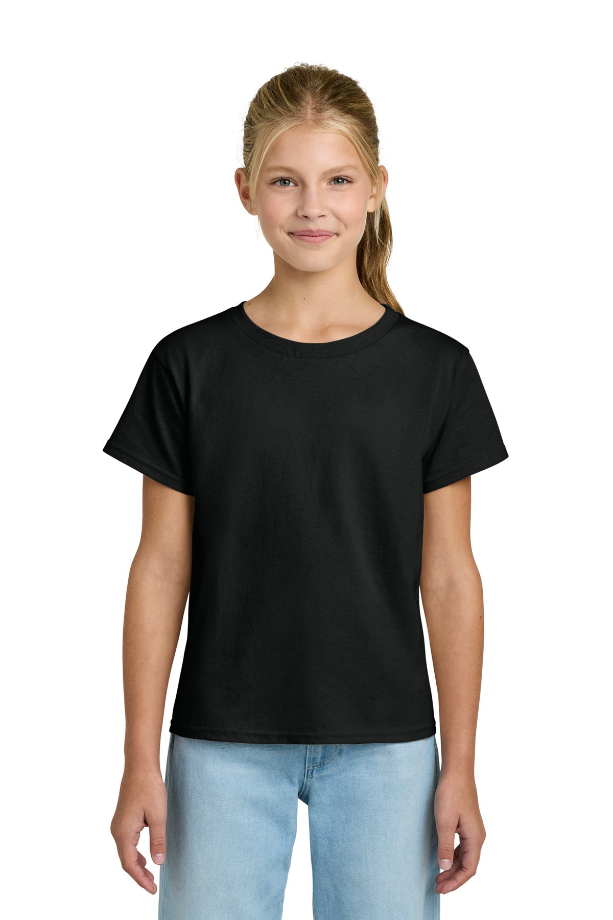 Front View of Black Gildan Youth Light Cotton Tee 3000B plain