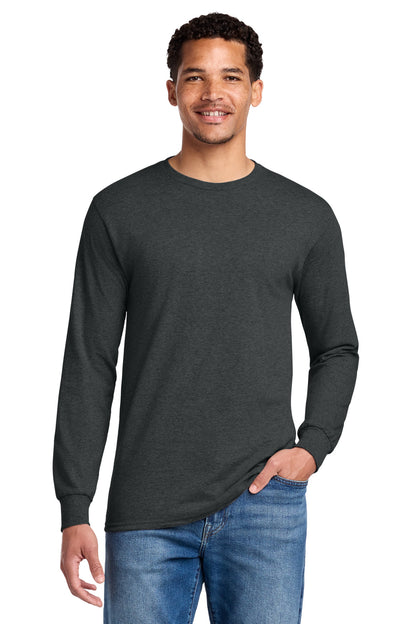 Front View of Black Heather Jerzees - Dri-Power 50/50 Cotton/Poly Long Sleeve T-Shirt. 29LS plain