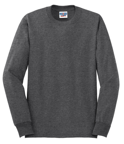 Front View of Black Heather Jerzees - Dri-Power 50/50 Cotton/Poly Long Sleeve T-Shirt. 29LS plain