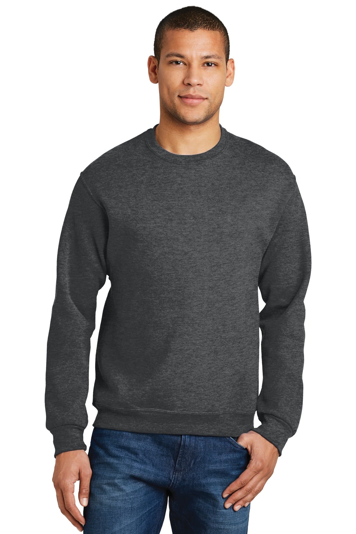 Front View of BLACK HEATHER Jerzees - NuBlend Crewneck Sweatshirt. 562M plain