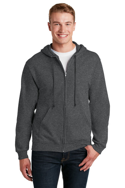Front View of Black Heather Jerzees - NuBlend Full-Zip Hooded Sweatshirt. 993M plain