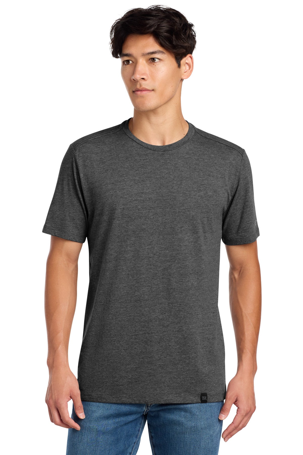 Front View of Black Heather New Era Heritage Blend Crew Tee. NEA100 plain