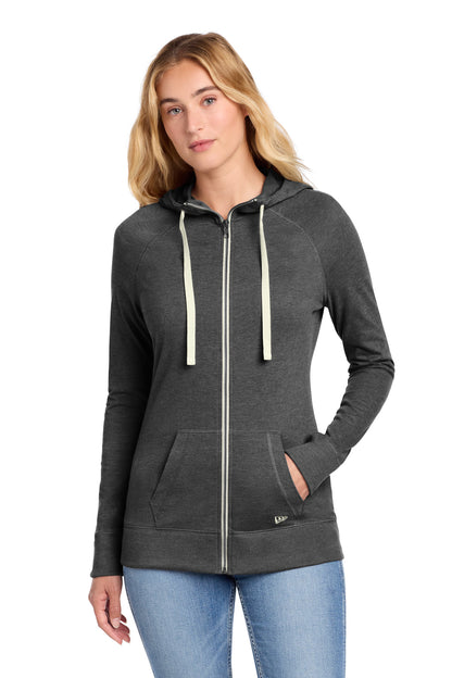 Front View of Black Heather New Era Women's Sueded Cotton Blend Full-Zip Hoodie. LNEA122 plain