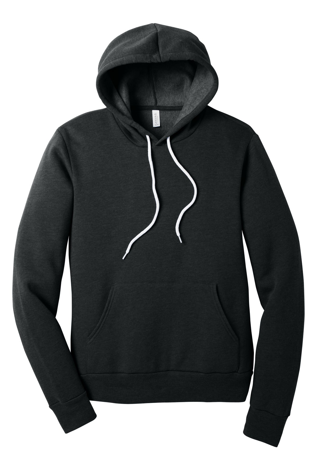 Front View of Black Ht BELLA+CANVAS Unisex Sponge Fleece Pullover Hoodie. BC3719 plain