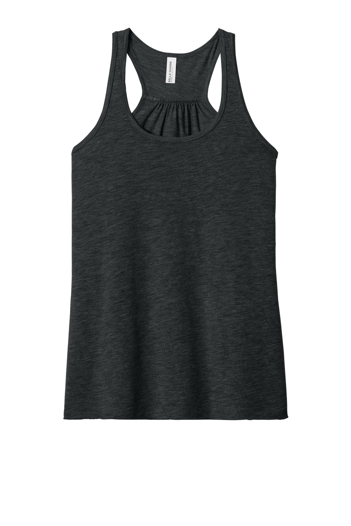 Front View of Black Ht BELLA+CANVAS Women's Flowy Racerback Tank. BC8800 plain