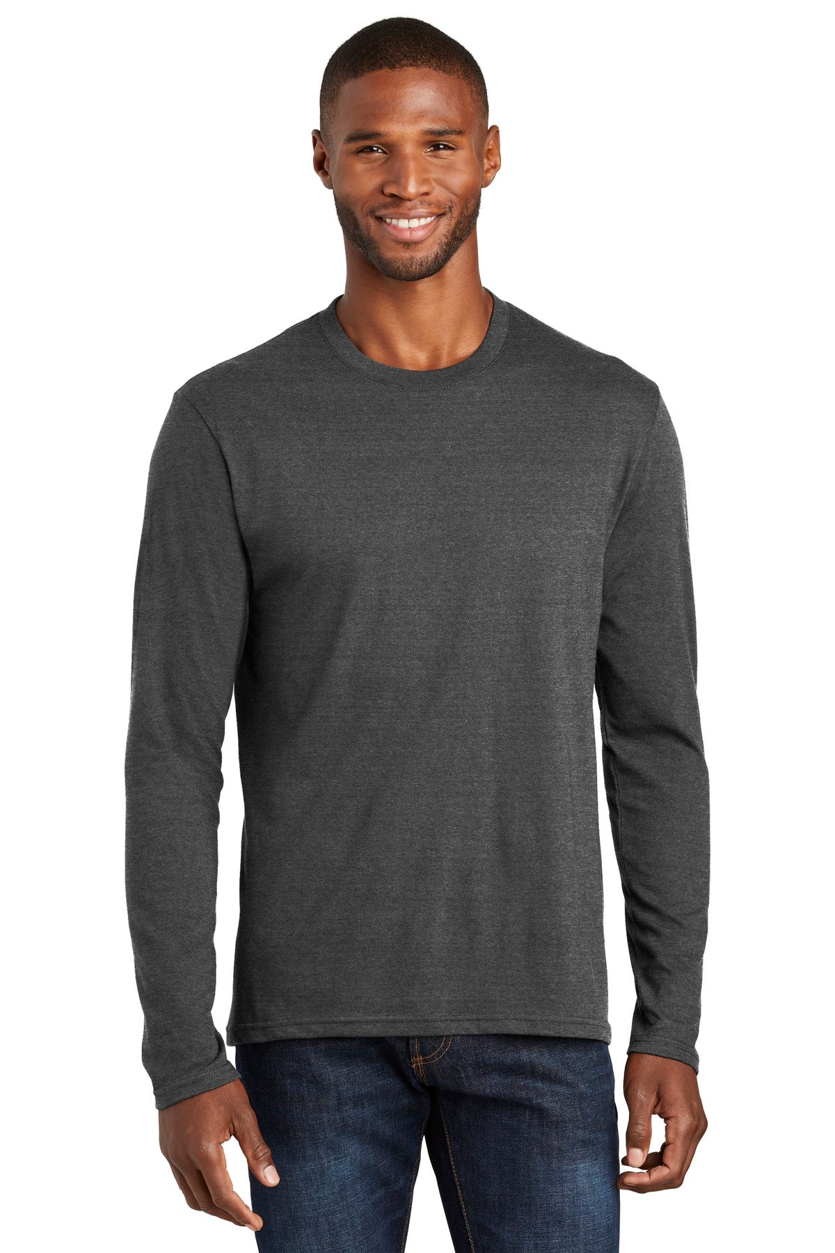 Front View of Black Hthr Port & Co Long Sleeve Fan Favorite Blend Tee. PC455LS plain