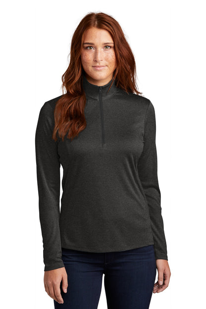 Front View of Black Hthr Sport-Tek Women's Endeavor 1/2-Zip Pullover. LST469 plain