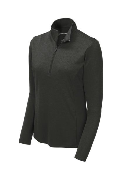 Front View of Black Hthr Sport-Tek Women's Endeavor 1/2-Zip Pullover. LST469 plain