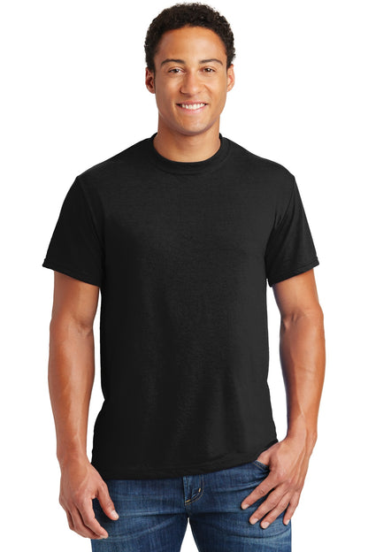 Front View of Black Jerzees Dri-Power 100% Polyester T-Shirt. 21M plain