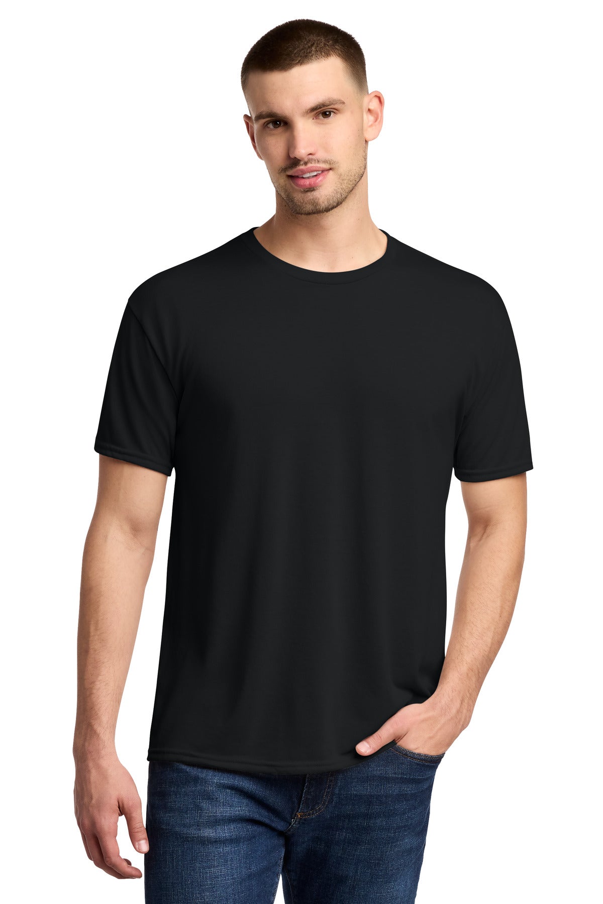 Front View of Black Jerzees Dri-Power 100% Polyester T-Shirt. 21M plain