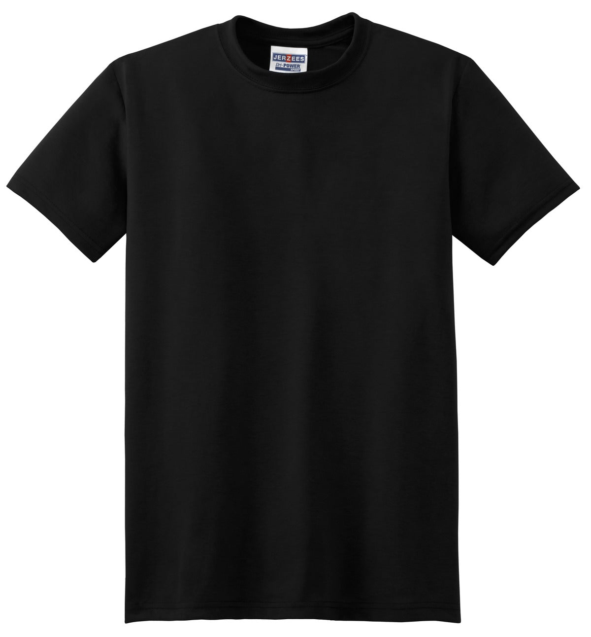 Front View of Black Jerzees Dri-Power 100% Polyester T-Shirt. 21M plain