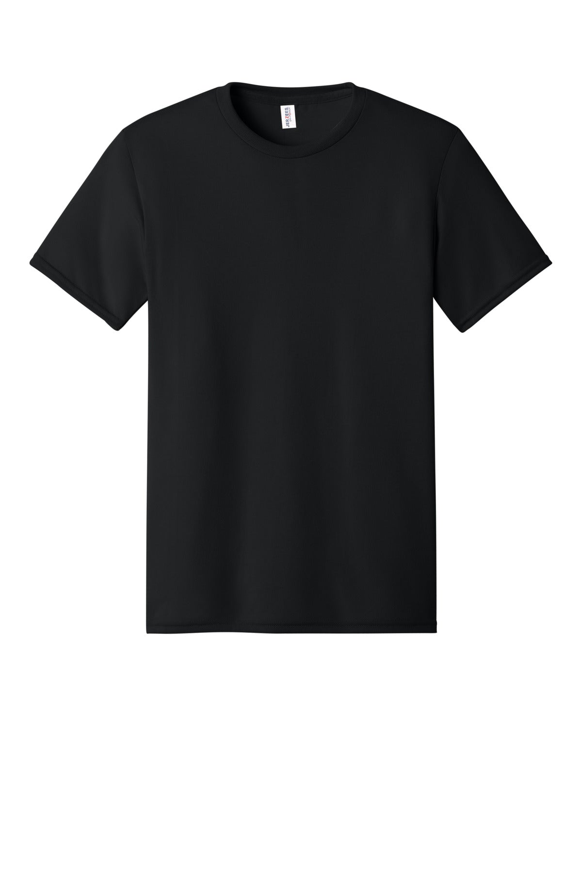 Front View of Black Jerzees Dri-Power 100% Polyester T-Shirt. 21M plain