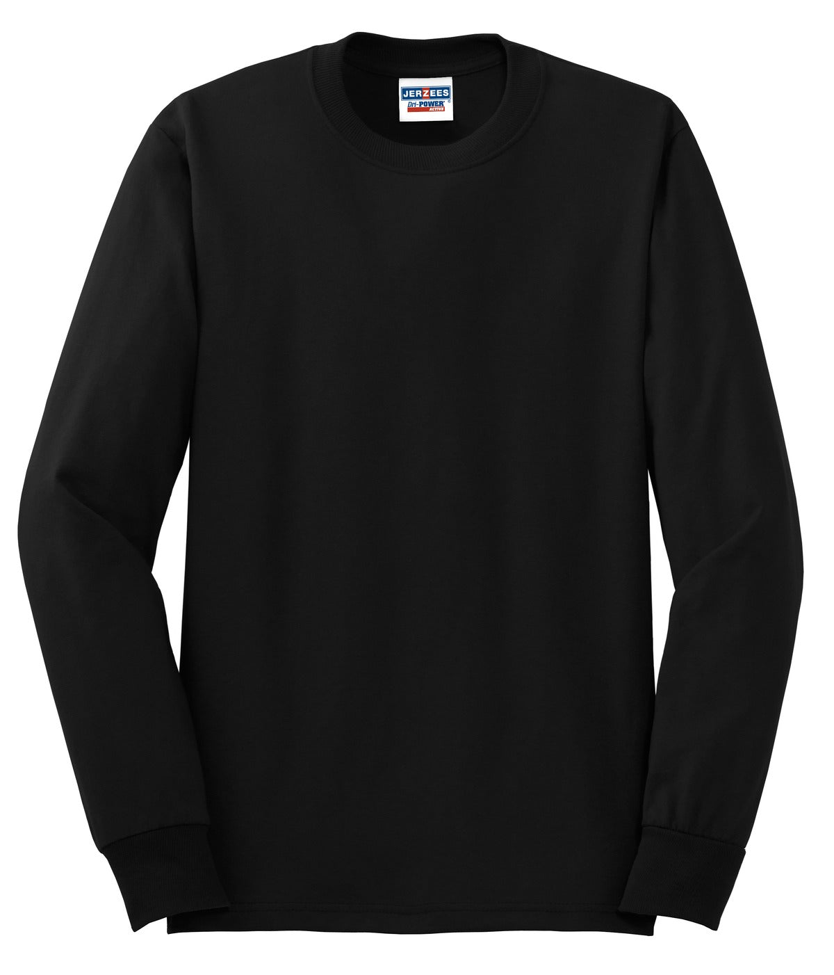 Front View of Black Jerzees - Dri-Power 50/50 Cotton/Poly Long Sleeve T-Shirt. 29LS plain