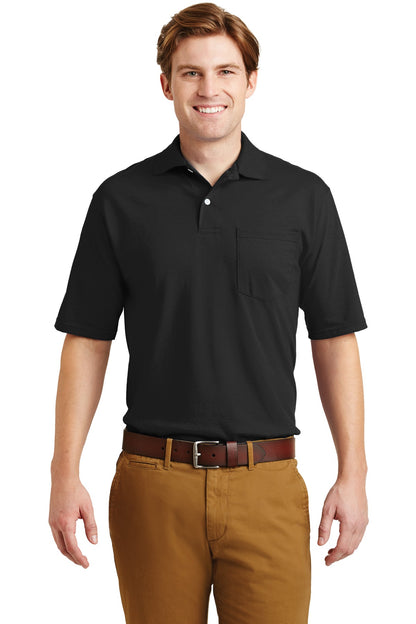 Front View of Black Jerzees Dri-Power Pocket Sport Shirt. 436MP plain