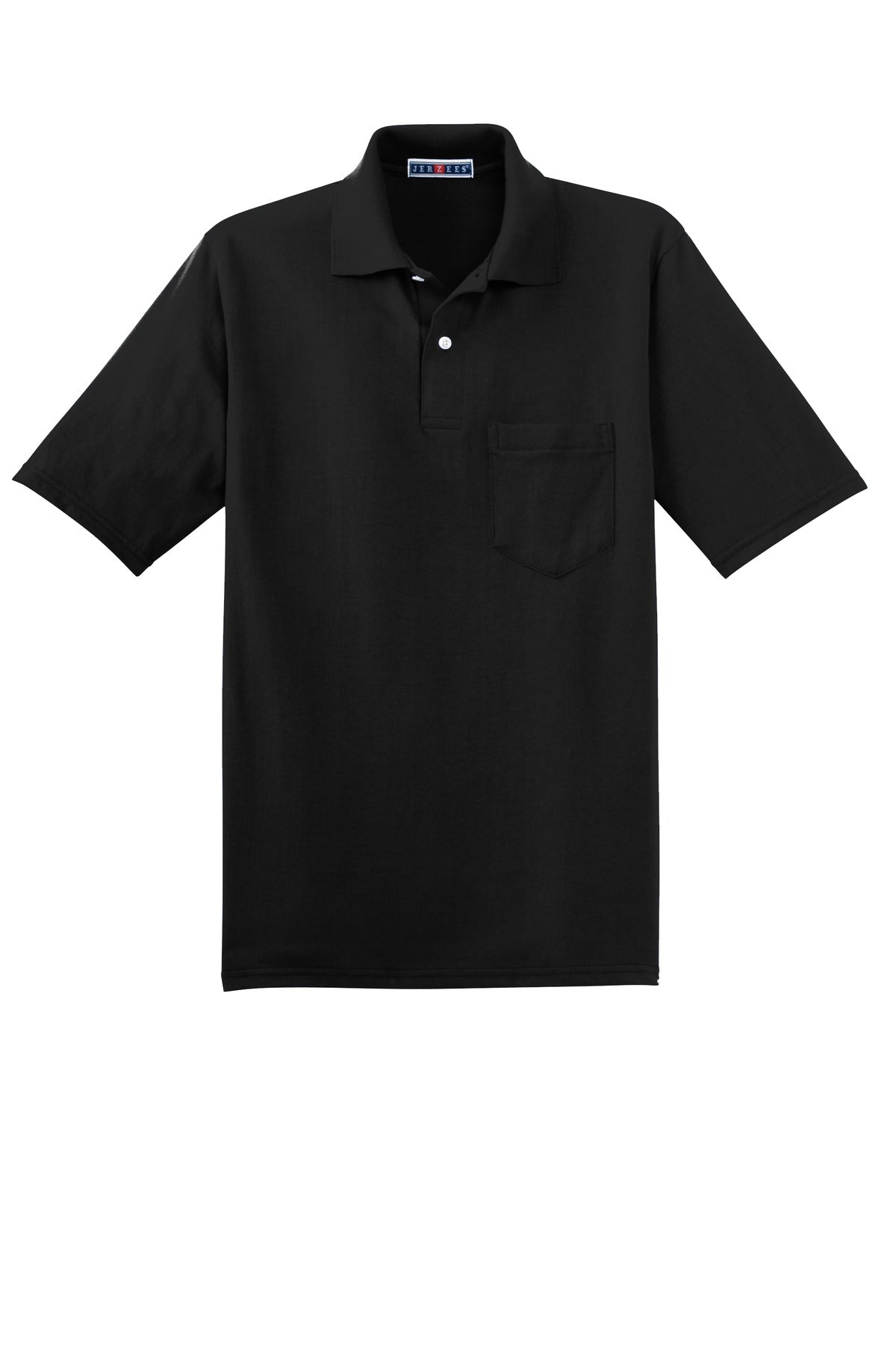 Front View of Black Jerzees Dri-Power Pocket Sport Shirt. 436MP plain