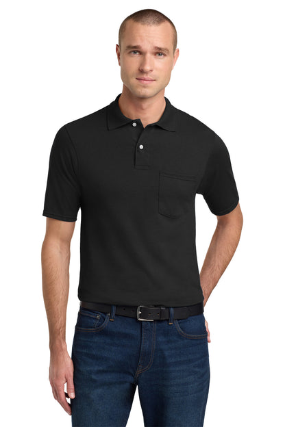 Front View of Black Jerzees Dri-Power Pocket Sport Shirt. 436MP plain