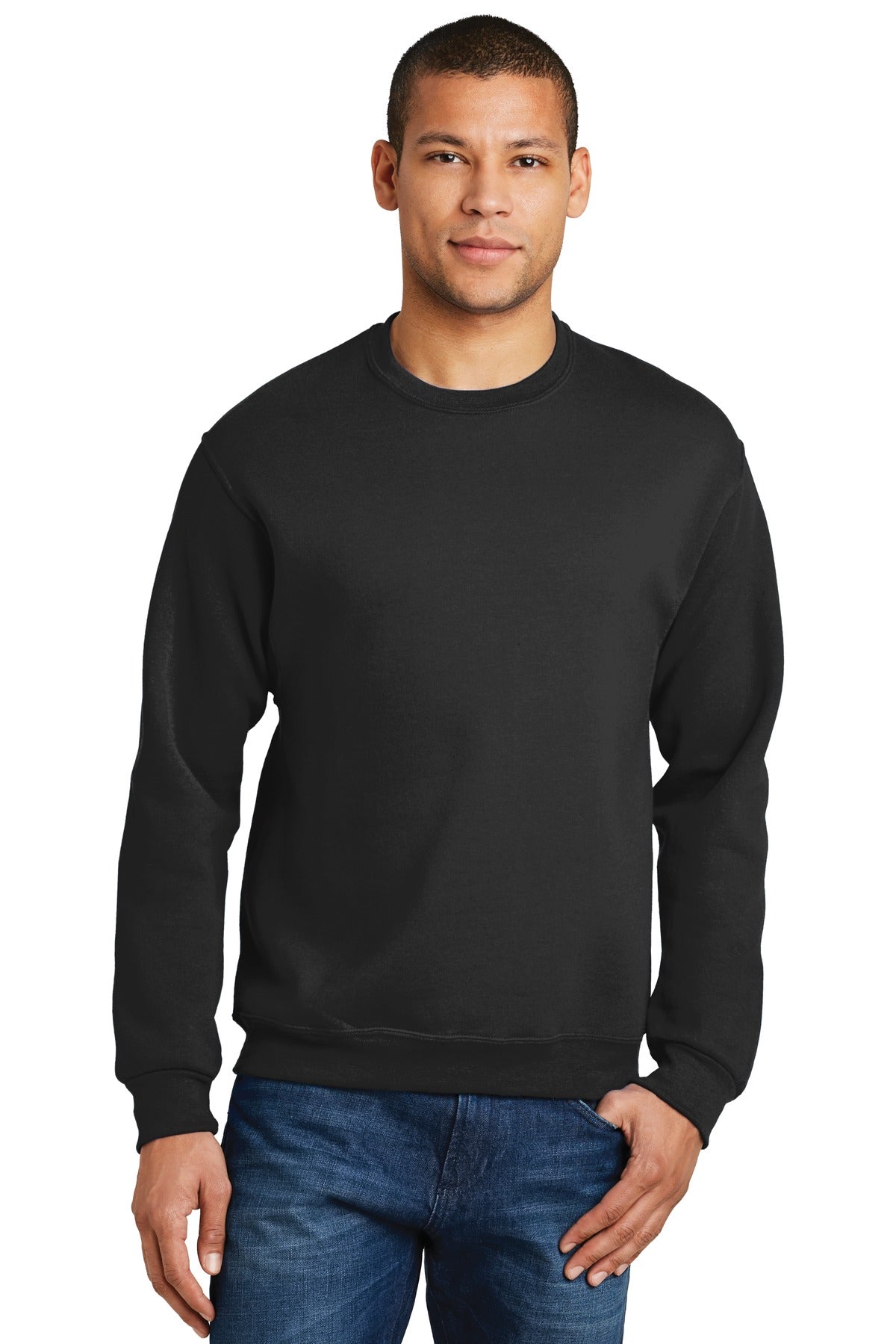 Front View of Black Jerzees - NuBlend Crewneck Sweatshirt. 562M plain