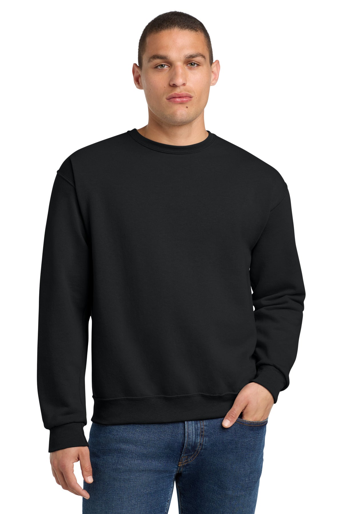Front View of Black Jerzees - NuBlend Crewneck Sweatshirt. 562M plain