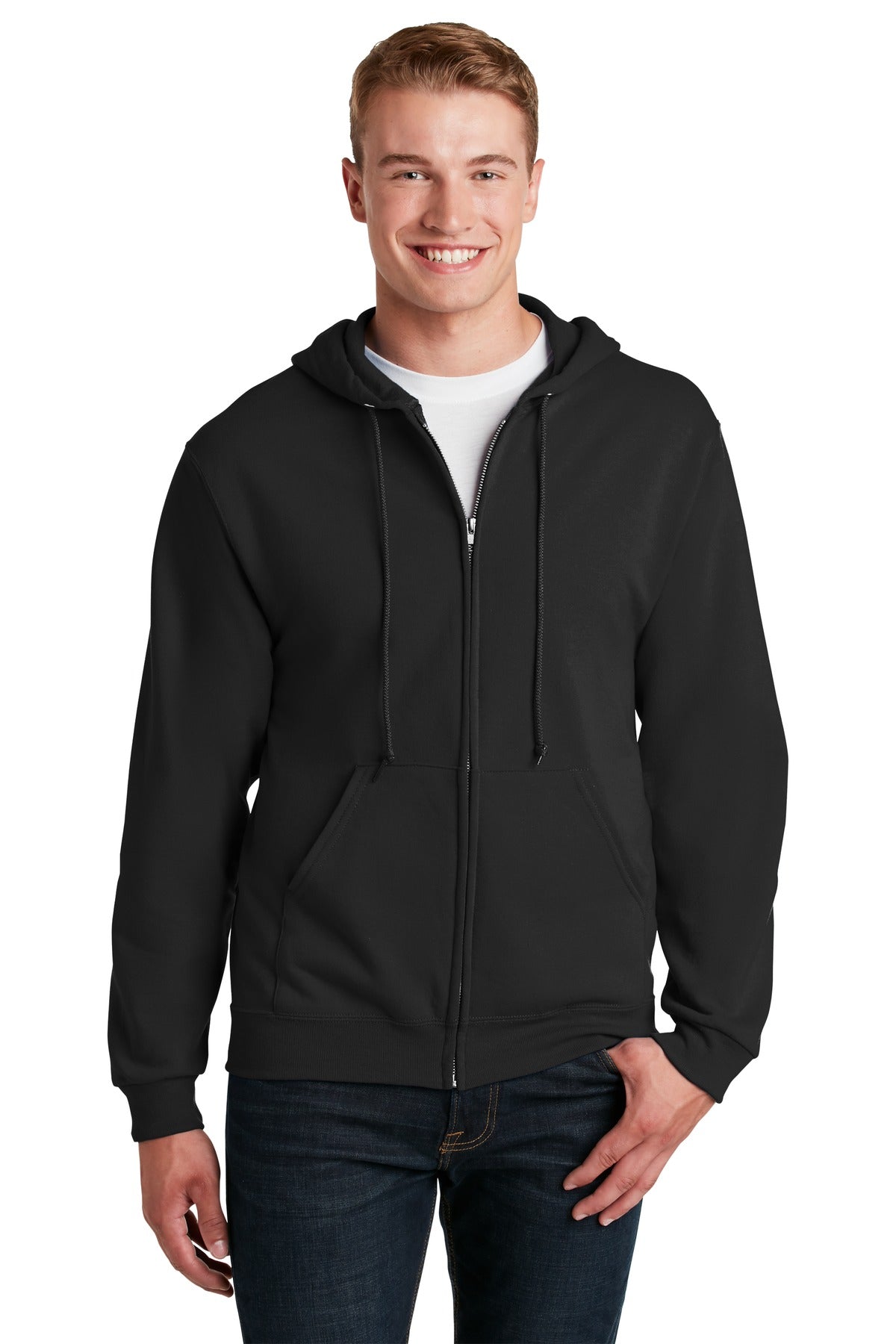 Front View of Black Jerzees - NuBlend Full-Zip Hooded Sweatshirt. 993M plain
