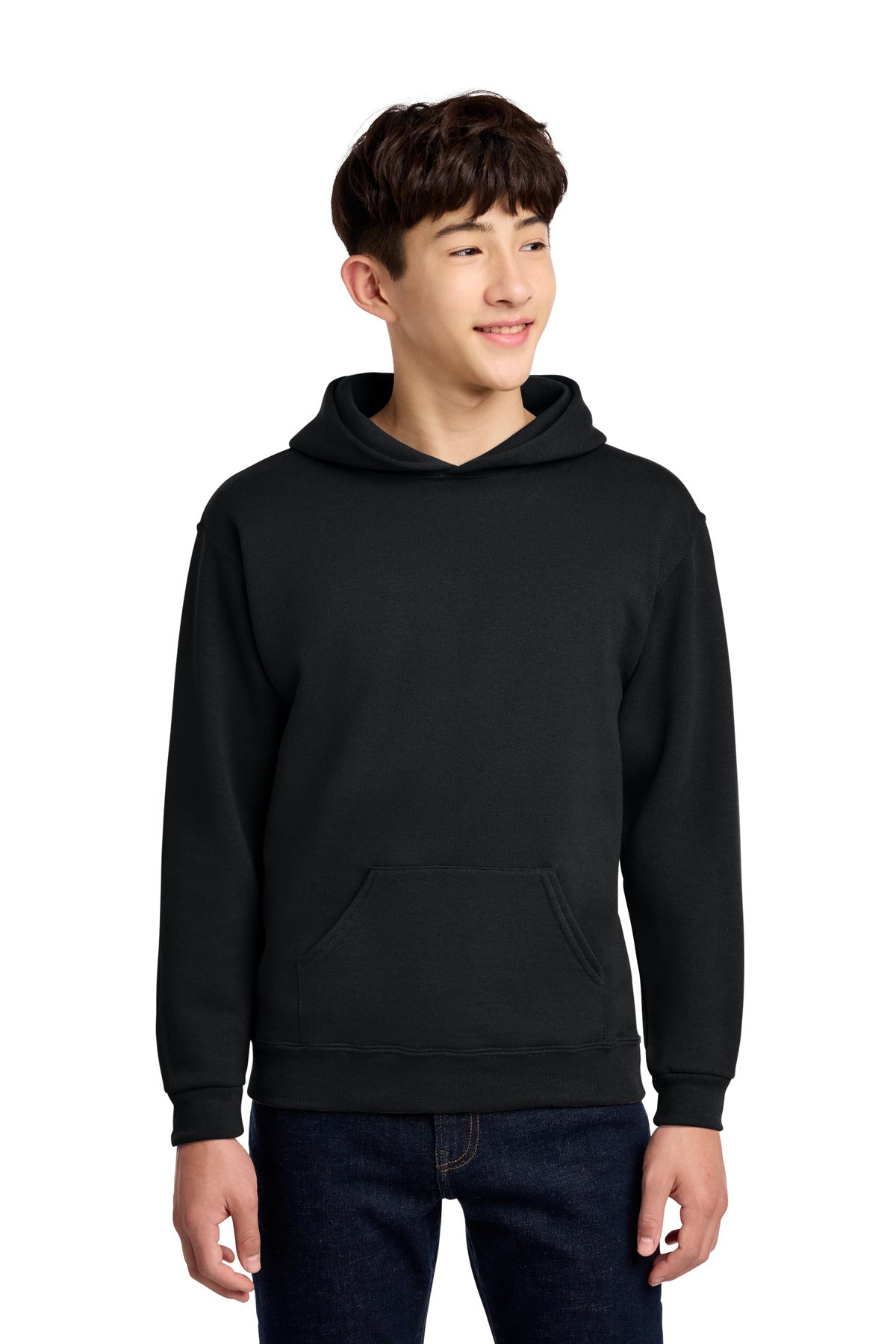 Front View of Black Jerzees - Youth NuBlend Pullover Hooded Sweatshirt. 996Y plain